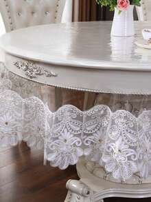 1pc White Floral Lace Round Tablecloth, Vintage Hollow Embroidery Tulle Tablecloth, Elegant Dining Table Decor For Wedding, Banquet, Home Kitchen - White - View 7