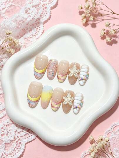 10pcs Summer Watercolor Shell French Tip Medium Almond Handmade Press On Nails, Macaron Pastel Rainbow Gradient With 3D Floral & Candy Bead Fake Nails, For Vacation, Graduation, Wedding Prom Party, With Jelly Gel And Nail File, DIY Nail Art Supplies