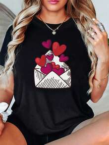 Sweet "Valentine's Love Letter" Graphic Print T-Shirt, Short Sleeve, Round Neck, Casual Top For Summer Y2K Blouse, Graduation Season Beachwear For Women - 黑色 - 查看 1