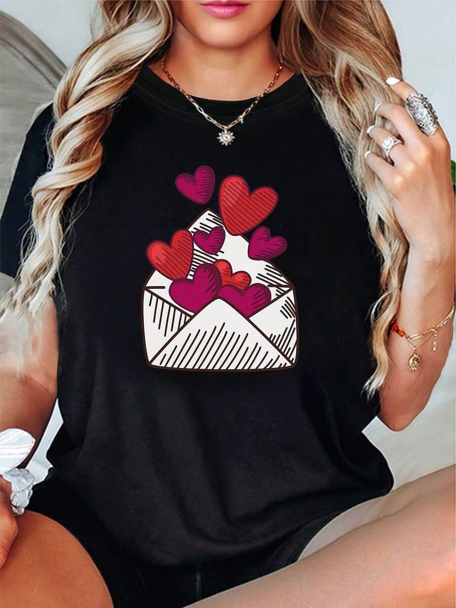 Sweet "Valentine's Love Letter" Graphic Print T-Shirt, Short Sleeve, Round Neck, Casual Top For Summer Y2K Blouse, Graduation Season Beachwear For Women - 黑色 - 查看 1