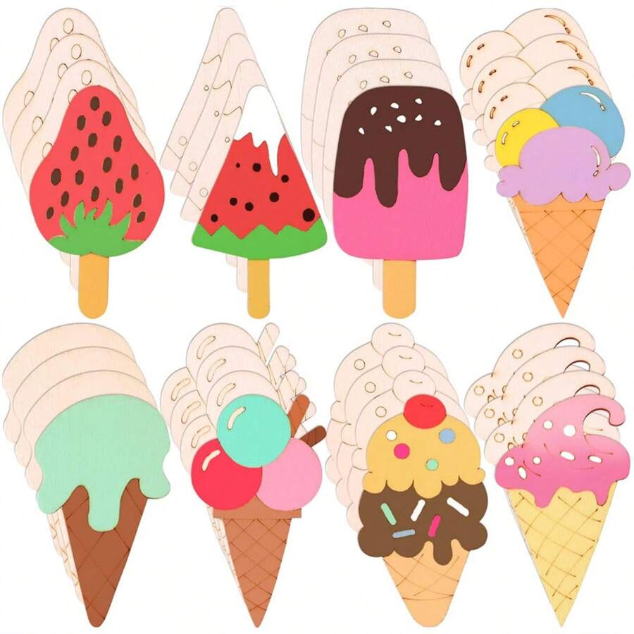 Set 32 Buah Potongan Kayu Bentuk Es Krim yang Belum Selesai, Cocok untuk Kerajinan dan Dekorasi DIY, Dilengkapi dengan Label Hadiah - Proyek Seni Musim Panas yang Dilukis Tangan, Cocok untuk Rumah, Pesta, Pernikahan - A - View 1
