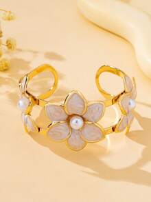 1pc Fashionable Colorful Enamel Geometric 3D Flower Open Cuff Bracelet, Acrylic Faux Pearl Accented Flower Center, Elegant Women's Floral Bracelet, Suitable For Vacation, Party, Banquet Wear - Flower Bracelet - View 9