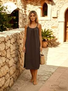 Perfect For Your Vacation! Midi Dress With Thin Straps, Open Back With Drawstring, Lightweight Fabric That Flatters Your Figure. - 咖啡 - 查看 4