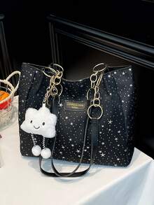 1 pieza Bolso de hombro con cremallera de gran capacidad con patrón de estrella y decoración de nube, de moda para uso diario de mujeres - Negro 2 - Ver 2