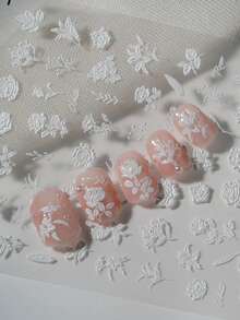 1pc Minimalist Pure White Embossed Floral 6D 3D Nail Art Sticker, Full Coverage Raised White Roses, Lilies, Branches And Vines With Handwritten Cursive English, Clean Matte White, Transparent Base Film, Suitable For Cool Commute Nude Nails, Bridal Wedding Looks, High-End Minimalist Salon Creations, Ideal For Office Workers, Brides, Nail Art DIY Enthusiasts Who Love Elegant Atmosphere And Light Vintage Floral Style - White - View 6