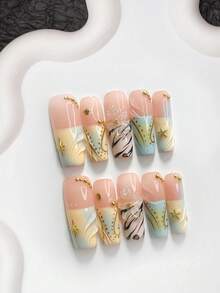10pcs Island Vacation Style Handmade Press-On Nails, Polygel Nail Art Set, Shell, Starfish, Leopard Print, Floral, Yellow & Black Nail Polish, Sweet & Cool Style, Includes Nail Tools, 3 Sizes Available, Almond, Duck, Coffin Shape, Suitable For Party, Dancing, Daily Wear - 彩色 - 查看 13