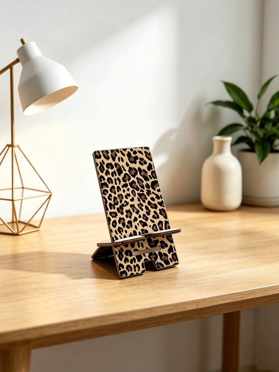 Leopard Print Phone Stand | Portable Wooden Phone Holder | Stand And Accessories | Dual-Layer Height Adjustable | Suitable For Office, Study, Travel And Leisure | Mobile Accessories | Home Decor | Decorative Storage - Multicolor - View 1
