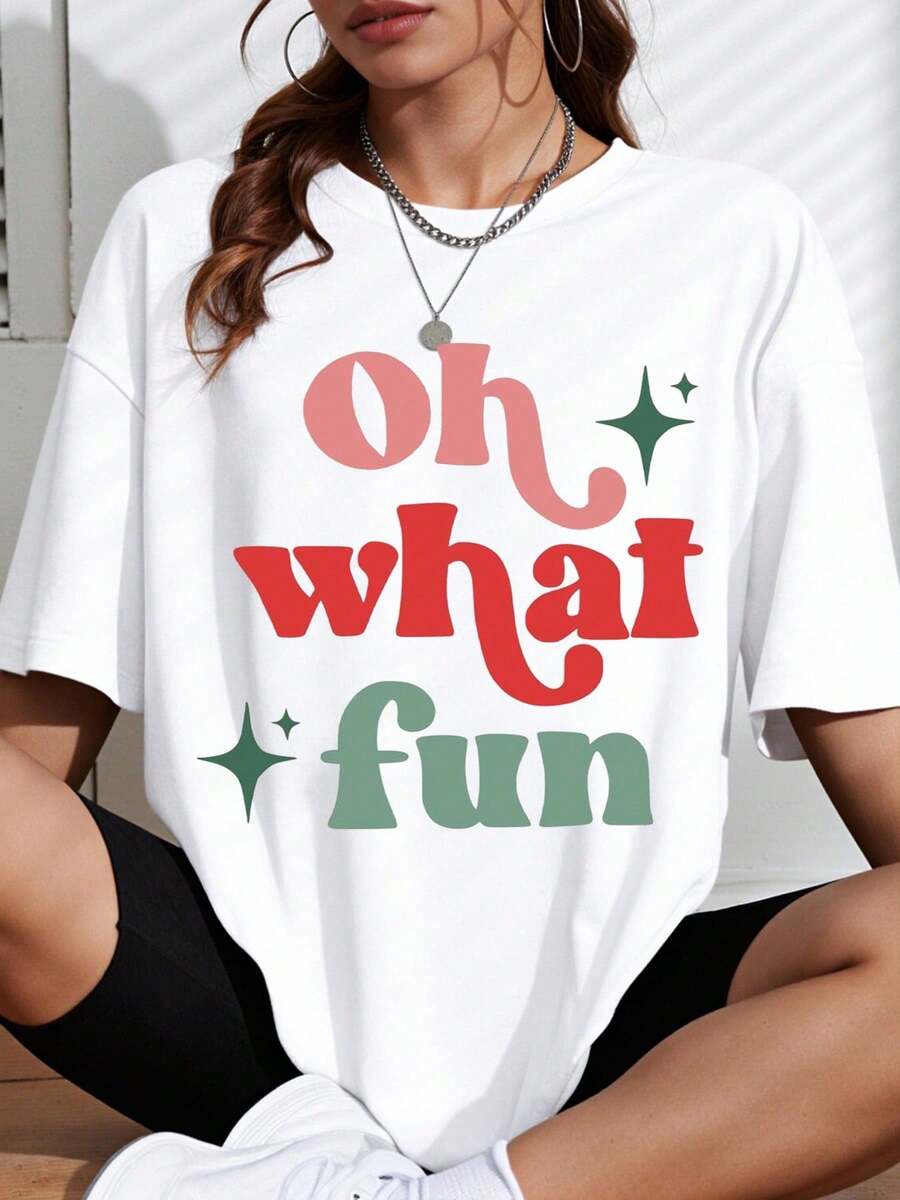 Women's Printed Short Sleeve T-Shirt Fashion For Going Out In The City Oh What Fun Day Graphic Tee Women's Casual Oversized T Shirt Fest Party Wear Xmas Gift Top - 白色 - 查看 1