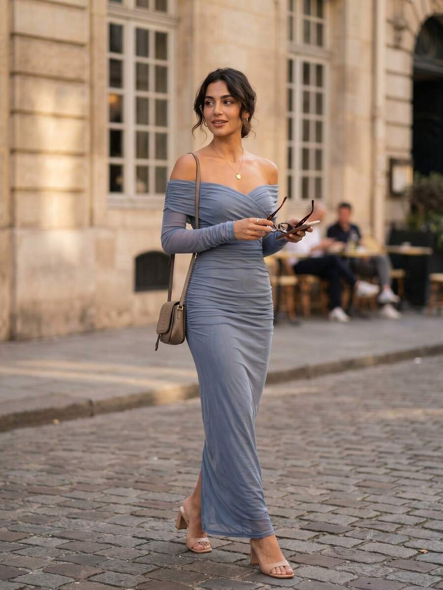 Women's Elegant Elastic Mesh Ruched Open Shoulder Fitted Long Sleeve Maxi Dress With Slit, Suitable For Daily Wear And Special Occasions Wedding Party - Dusty Blue - View 1