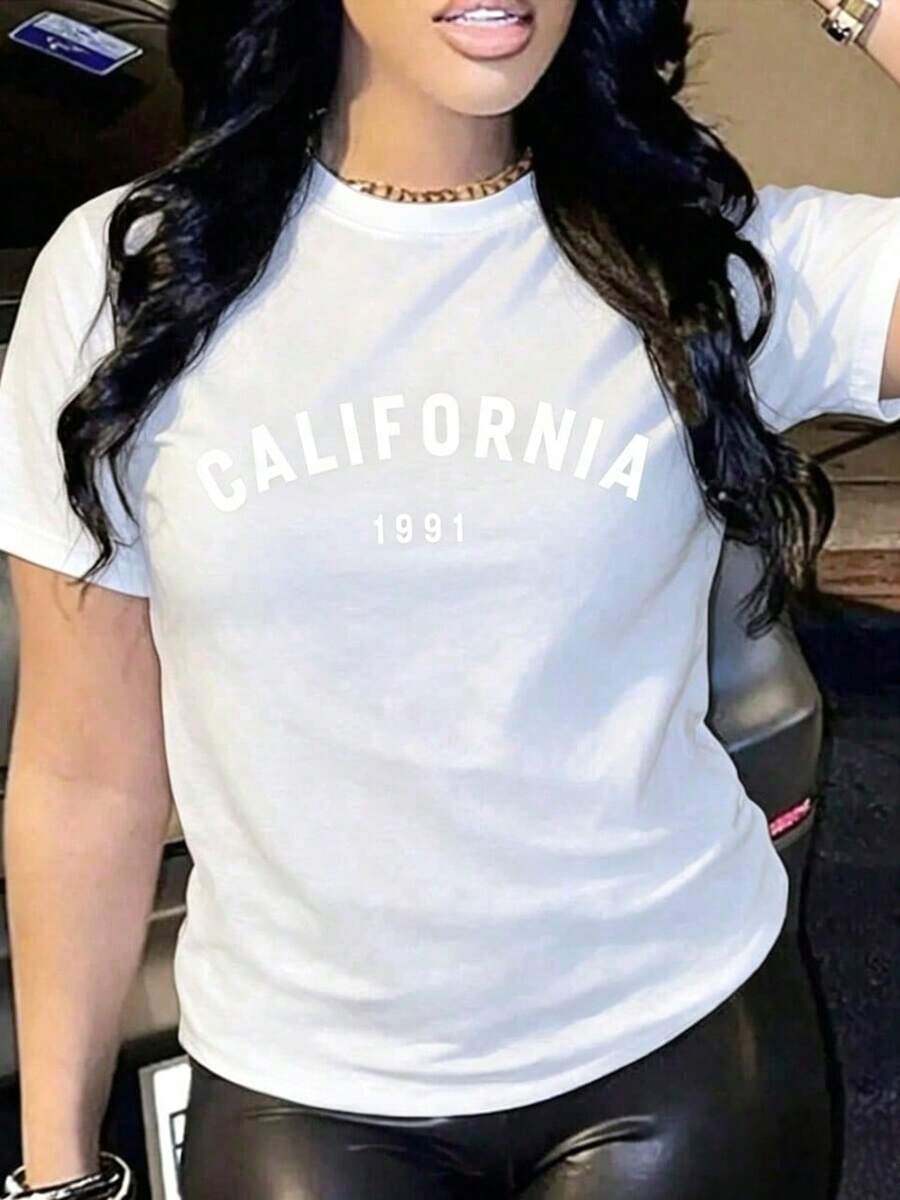 Soft | 1 Women's T-Shirt 100% Breathable Cotton | Casual Loose Fit Short Sleeve Crew Neck T-Shirt For Women With "CALIFORNIA 1991" Print - 白色的 - 查看 1