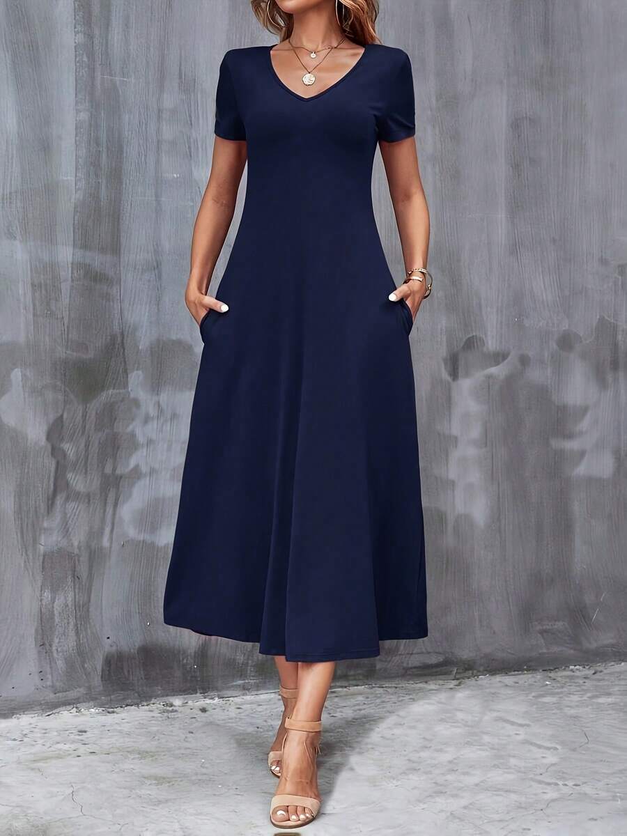 Casual V-Neck Short Sleeve Dress With Pockets. Solid Color, Machine Washable, Versatile For All Seasons. - 藏蓝色 - 查看 1