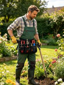 1pc Black/Green Gardening Tool Waist Bag, Solid Color Heavy Duty Practical Style, Waterproof Durable Oxford Fabric, Multi-Pocket, Adjustable Waist Belt Buckle, Hands-Free Storage Organizer Belt, Suitable For Lawn, Yard, Planting, All-Season Outdoor Use - Gardening Tool Waist Bag - View 2