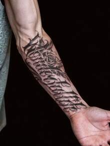 STARTTOOS Large Floral Arm Tattoo Sticker - Black Gothic Cyberpunk Calligraphy Floral Pattern Temporary Tattoo Sticker For Arm And Thigh, 1pc/Pack - Black - View 4