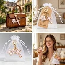 60pcs/20sets Cross Keychain Party Favors, Includes Organza Bags And Thank You Cards, Suitable For Baptism, Christening, First Communion, Wedding, Baby Shower Guest Gifts - Pink Flowers - View 9