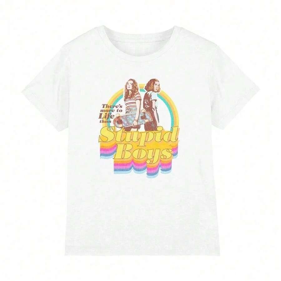 M. -ax & Eleven – "Retro Rainbow" – Camiseta con gráficos estilo años 70, camiseta con estampado "Than Stupid Boys", top casual de algodón de manga corta para fans, diseño nostálgico al esti - Blanco - Ver 1