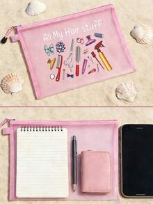 「All My Hair Stuff」印花透明網格收納袋，便攜式網格化妝包、盥洗用品收納袋、旅行化妝包、透明髮飾美容收納袋，度假必備海灘收納用品；適用返校、寄宿學校、週末度假與日常通勤收納袋；可折疊輕便化妝包，適合商務出差與便攜隨身包，小化妝包、化妝品收納盒、大容量收納袋，創意女性禮物，返校季 - 彩色 - 查看 10