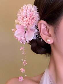 女款粉色仿珍珠流蘇花朵髮夾 髮飾 適合日常使用、居家、學校、海灘、度假、上班通勤、派對聚會、節日、生日禮物、返校季、大學風、新年、情人節、母親節禮物、婚禮季、新娘、音樂節、春夏秋冬 - 彩色 - 查看 3