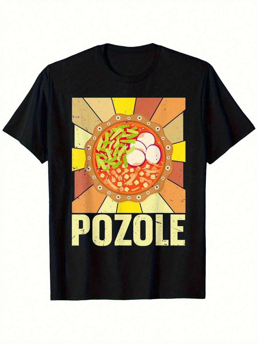 Camiseta POZOLE para hombre Cinco de Mayo - Estampado retro con letras mexicanas y sopa de pozole, corte holgado, informal, de manga corta, lavable a máquina, camiseta negra para regalos de - Negro - Ver 1