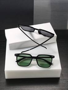 2 PCS Men's Classic Square Fashion Glasses Black Polycarbonate Frame Multicolor Lenses Casual Style Lightweight For Travel Outdoor With Glasses Box - Multicolor - View 8