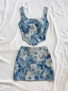 Conjunto de 2 piezas de estilo vintage azul palacio con estampado floral jacquard para mujer: top corto con cuello halter abotonado y minifald - Rojo - Ver 7