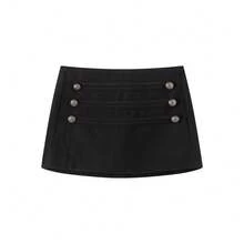 Classic Black Button Embellished A-Line Mini Skirt, Casual & Minimalist Design Spring - Black - View 6