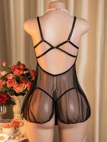Sexy Lingerie, Hollow Out Dress, 2pcs Set: Dress + G-String, Women's Intimate Apparel And Sexy Dress - Black - View 3