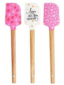 1 pieza Espátula de silicona con mango de madera, diseño con estampado, resistente al calor para hornear, decorada con lazo de satén rosa, adecuada para hornear, cocinar y saltear - Multicolor - Ver 12