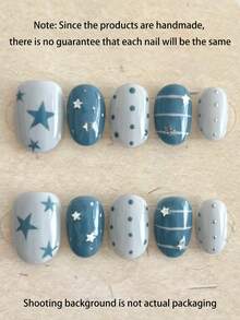 10PCS Minimalist Sweet Cool Daily Y2K Hand-Painted Blue Star Polka Dot Short Round Press-On Nails Handmade Press On Nails - 藍色 - 查看 1