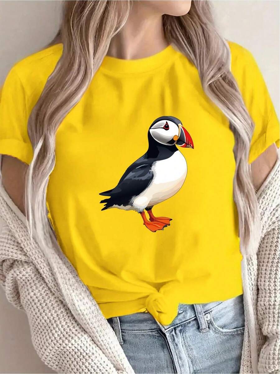 Llegada] Camiseta con Estampado Navideño de Puffins, Casual para Mujer, Vacaciones, Manga Corta, Cuello Redondo, Primavera/Verano, Lavable a Máquina, Nueva Ropa de Mujer, Versátil para Salir - Amarillo - Ver 1