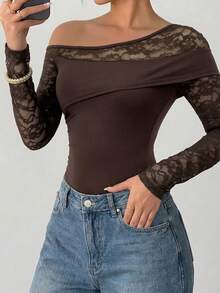 Women's Off-Shoulder Lace Long Sleeve Bodysuit, Sexy Slim Fit Elastic Top, Tight Bodycon Blouse, Suitable For Party, Date, Commute (YY1239) - Brown - View 3