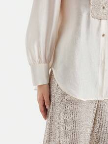 Rich Radi Q's Elegant Women's Round Neck Long Sleeve Blouse, Woven Fabric, Regular Length Fashion Top - Light Yellow - View 8