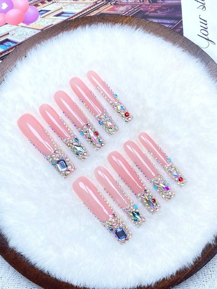 10Pcs Nude Pink Long Press On Nails With Sparkly Multicolor Rhinestones, Glossy False Nails For Summer Beach, Graduation Prom & World Cup Game Day Parties,1pc Jelly Gel/1pc Mini Rubbing Strips Handmade Press On Nails - Multicolor - View 1