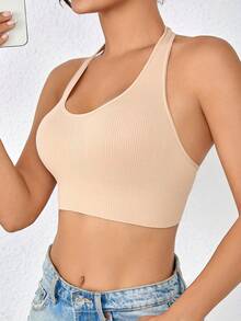 Top deportivo y camiseta de tirantes sin costuras - Top de yoga acanalado tipo halter con espalda abierta - azul real - Ver 5