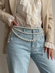 1pc French Style Elegant Luxury Multi-Layer Tassel Waist Chain Body Chain, Niche High-End Design Heavy Work Body Accessory For Dress And Pants Decoration - White Pearl - View 8
