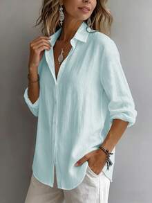 Camisa Mujer Cuello Solapa Color Menta Claro de Manga Larga, Tejido con Textura Arrugada Suelto, Botones Delanteros para Estilo Casual y Oficina - azul claro - Ver 5