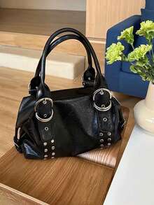 Korean Niche Design Ins Style Fashion Minimalist Rivet Handbag Shoulder Bag Underarm Bag For Women, Textured Large Capacity Commuter Daily Shopping Versatile Hot Girl Motorcycle Underarm Shoulder Bag - Black - View 5