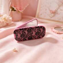 1pc Faux Leather Textured Mirror Phone Stand, Fashionable Adhesive Foldable Mirror Back Sticker, Horizontal & Vertical Dual-Use Portable Desktop Stand - Multicolored Black Lace - View 3