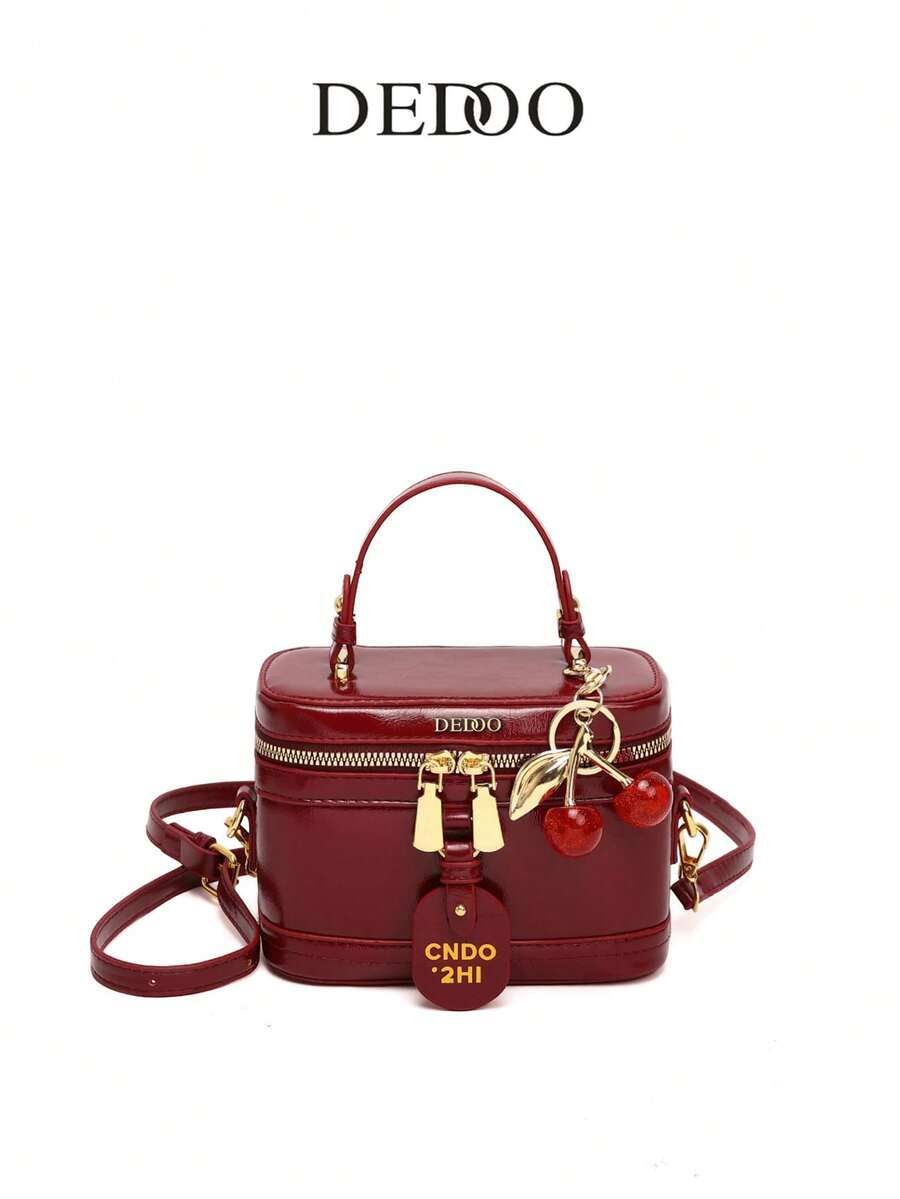 Elegant Solid PU Mini Square Box Bag, Letter Decor Waterproof Burgundy Handbag For Shopping, Party, Travel & Commute - 酒紅色 - 查看 1