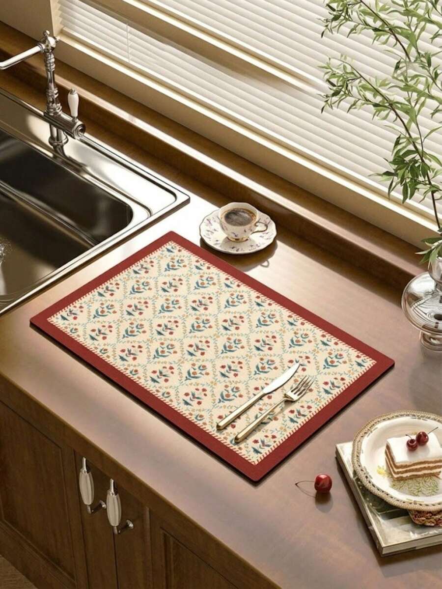 1/2pcs Floral Pattern Coffee Mat - Stain Resistant Absorbent Rubber Bottom Quick Dry Mat, Kitchen Counter Coffee Bar Accessories For Coffee Maker, Espresso Machine, Drying Pad - Coffee Machine Cleaning Pad - View 1