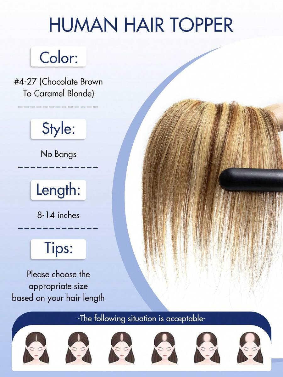 女性用真人髮頂蓋 8-14 英吋 超輕量隱形底座 適合頂部稀疏髮質 蓬鬆透氣 適用日常、派對、萬聖節裝扮與聖誕節 - 彩色 - 查看 1