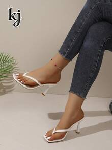 Women's High Heel Sandals, Non-Slip Slimming Soft Sole Printed Square Toe Thong Strap Kitten Heel Slippers, Flip Flops - White - View 6