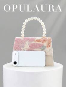 OpulAura 亮片刺繡花卉手提包，女款時尚亮片拼接手拿包，仿珍珠手柄設計，派對晚宴包，隨機剪裁，適合女性，適用於派對、婚禮、舞會、度假，完美搭配派對、婚禮、舞會晚宴/宴會，可搭配度假派對洋裝、晚禮服和亮片洋裝 - 粉色 - 查看 7