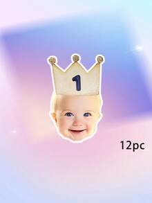 8/12/16pcs Custom Kid Photo And Text 1st Birthday Banner, Pink Blue Beige Crown Number Photo Banner, Customizable Kids First Birthday Party Banner - Multicolor - View 12