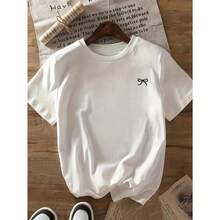 Camiseta de manga corta para mujer, estilo relajado con estampado de lazo y hombros anchos, para de verano, cómoda y fresca, perfecta como regalo - Blanco - Ver 1