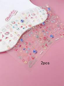 2pcs 3D/5D Embossed Relief Nail Stickers, Nails, DIY Decoration, Using Macaron Multi-Color Ditsy Floral Patterns, Colorful Hearts, Hand Drawn Cartoons, Cars, Planet Patterns, Suitable For Creating Spring And Summer Y2K, Cute Graffiti Style Nail Art - Multicolor - View 5