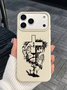 1pc Christian Lion Of Judah Cross Prayer Print Litchi Texture Phone Case, Faux Leather Anti-Drop Protective Cover, Durable Wear-Resistant, Lightweight Skin-Friendly Delicate Touch, Vintage INS Style, Suitable For Women, Teenagers And All Age Groups; Christmas, Valentine's Day, Birthday, Mother's Day, Thanksgiving Thoughtful Spiritual Gift; Compatible With IPhone Case - Multicolor - View 4