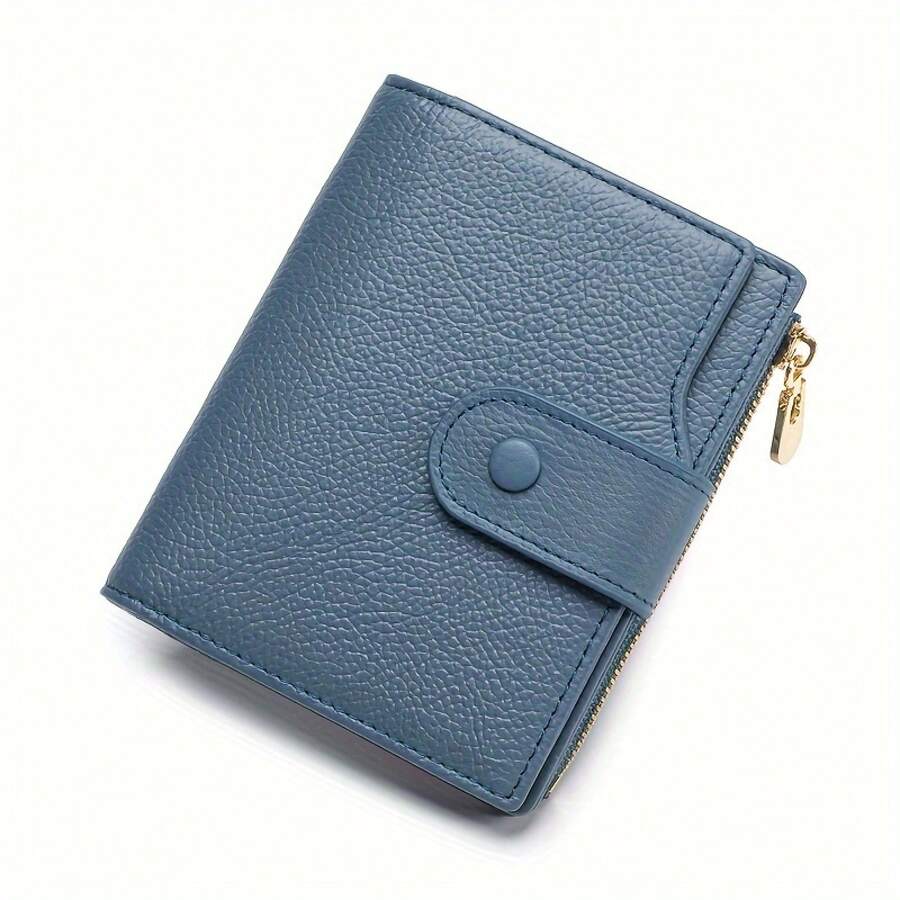 Elegante billetera plegable de cuero auténtico para mujer, con un diseño de gran capacidad que incluye ranuras para tarjetas de crédito y un compartimento para billetes. - Azul - Ver 1