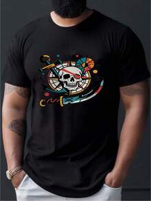 diseño de calavera pirata + eslogan de estilo náutico, camiseta para adulto con diseño de ancla náutica, manga corta, camiseta de moda para hombre, versátil para uso diario - Negro - Ver 2
