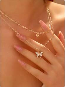 Light Luxury Double Layer Stacked Necklace, Rhinestone Butterfly Heart Pendant, Versatile Niche Commuter Style, Suitable For Teenagers - Gold - View 6