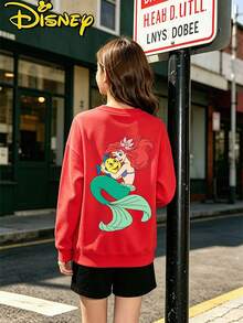 Teen Girl Clothes Disney Ariel Cute Ocean Fish Double Sided Print Loose Fit Crewneck Sweatshirt - Red - View 2